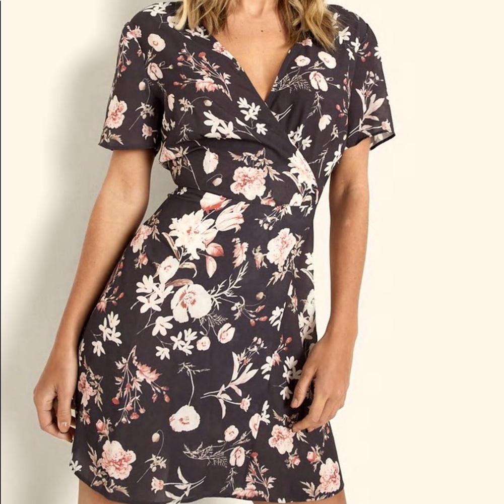 Boohoo Wrap Floral Skater Black Dress